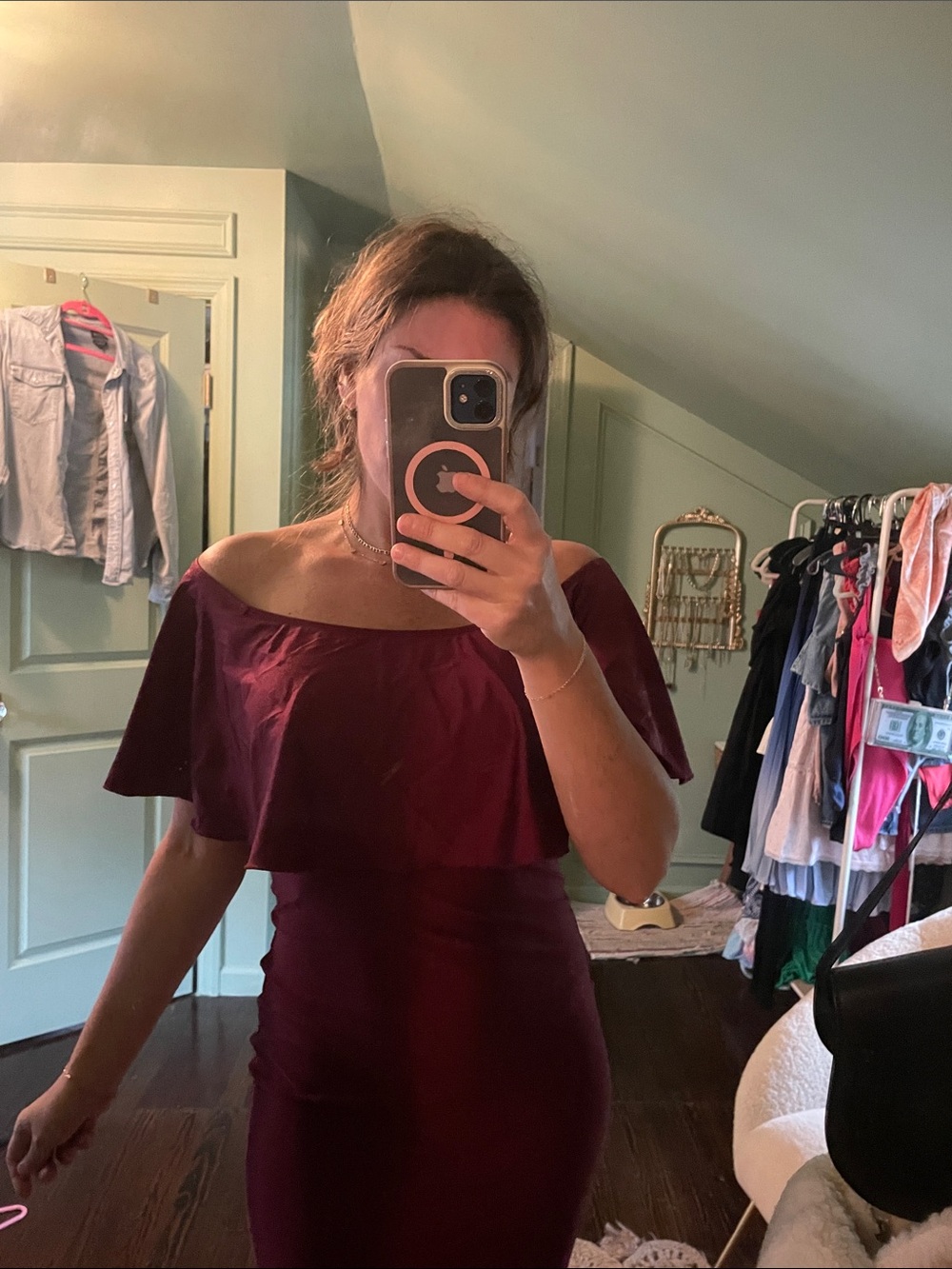 Zara Off-Shoulder Midi Dress in Burgundy